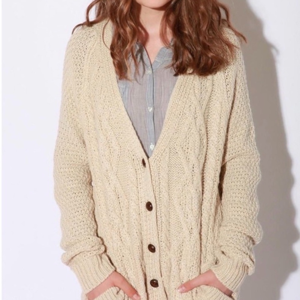 Urban Outfitters BDG Cream Cable Knit Cardigan Grandpa Sweater - Picture 2 of 11